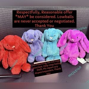 FULL 4 SET RECEIPT BNWT Jellycat Little Bashful Bunnies Teal Red Saffyre Allium